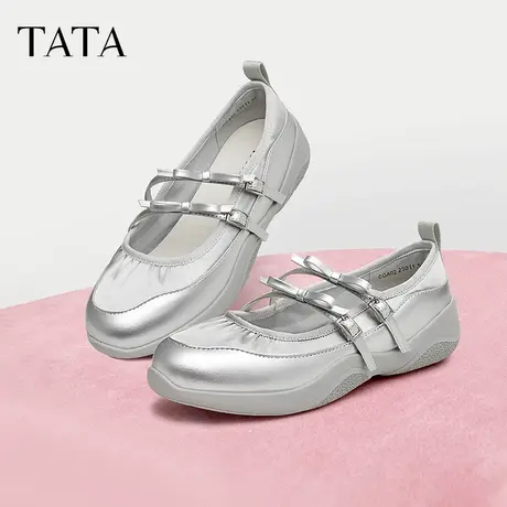 Tata他她银色休闲玛丽珍鞋女鞋运动芭蕾鞋法式2025夏新款正品奥莱图片
