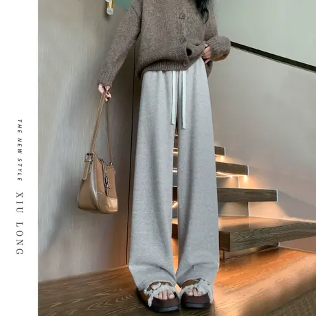 卡其色糯米阔腿裤女春秋2023新款高腰宽松直筒运动韩式休闲长裤子图片