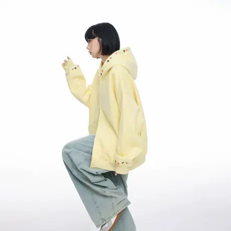 美式潮牌刺绣拉链开衫连帽卫衣女春秋新款宽松街头风情侣外套上衣商品大图