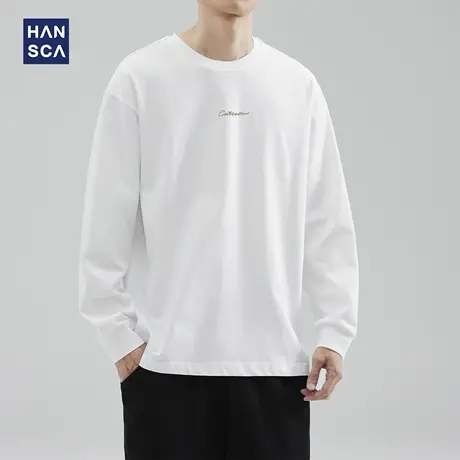 hansca 305g重磅纯棉圆领长袖t恤男秋季2025新款宽松刺绣休闲体恤商品大图
