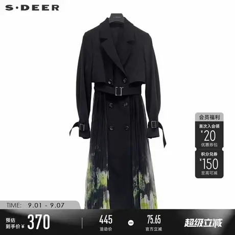 sdeer圣迪奥女装西装领收腰压褶晕染网纱长款风衣S233Z1809商品大图