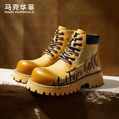 马克华菲马丁靴男款擦色潮流大黄靴高帮耐磨厚底工装靴休闲皮靴男商品大图