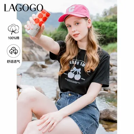 LAGOGO纯棉樱桃印花T恤女士拉谷谷夏季新款黑色显瘦休闲短袖上衣商品大图