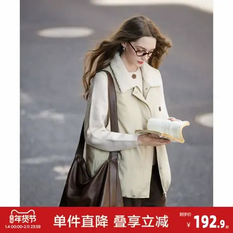 唐狮2026秋冬季短款马甲棉衣女拼接仿羔毛翻领外穿背心保暖时尚图片