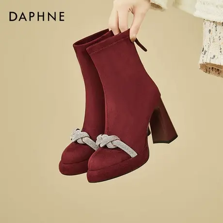 达芙妮粗跟短靴女冬加绒2026新款水钻马丁靴弹力瘦瘦靴红色高跟鞋图片