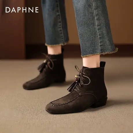 达芙妮美拉德短靴女2026秋冬季方头加绒瘦瘦马丁靴粗跟老钱风踝靴图片