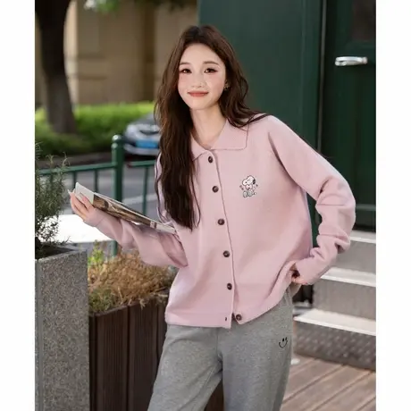 【史努比联名款】唐狮初秋毛衣开衫外套女慵懒风软糯翻领针织衫TE图片