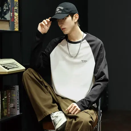 唐狮秋季新款长袖T恤男插肩白色宽松内搭青少年纯棉打底衫潮TD图片