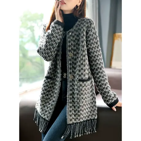 宝诗黎千鸟格亮丝流苏针织外套女秋季韩版2023新款高级感中长大衣图片
