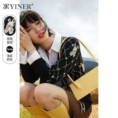 YINER音儿女装-2021秋季新款V领小兔提花针织开衫商品大图