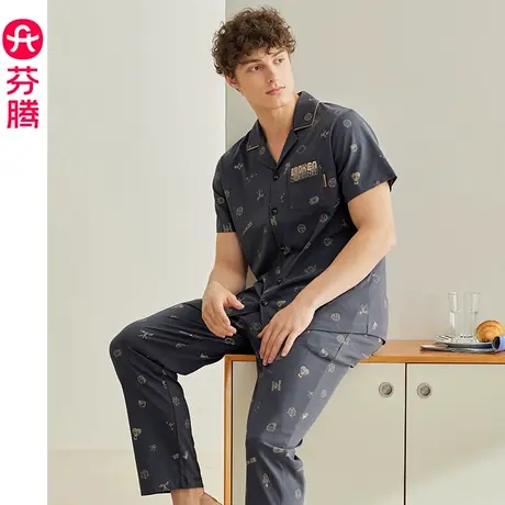 芬腾夏季纯棉睡衣男士薄款开衫翻领可外穿休闲全棉大码家居服套装商品大图