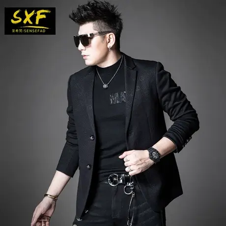 SXF圣希梵休闲西服男 2021秋冬新款潮牌暗纹提花修身男士西装外套图片