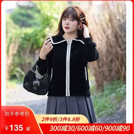 2023秋冬新款大码女装显瘦胖MM黑色短外套慵懒风宽松别致毛针织衫商品大图