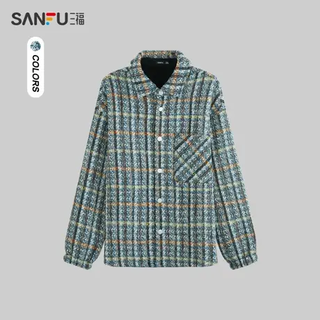 三福2023冬男士易打理混纺纱格纹长衬衫 宽松翻领外套男478035商品大图