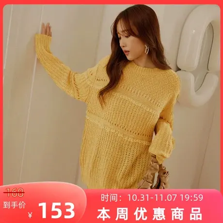 桔熊秋冬季保暖毛衣女装温暖气质蕾丝拼接宽松镂空针织衫FA2623图片