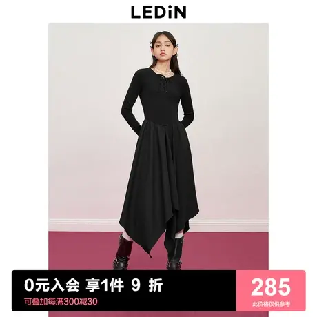 乐町针织打底小黑裙23秋季新款精致抽绳不规则设计显瘦显高连衣裙商品大图