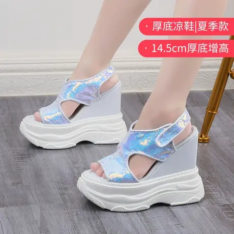 夏季凉鞋女蕾丝镂空厚底运动松糕罗马鞋内增高14cm高跟矮子乐婚鞋商品大图