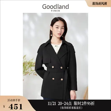 Goodland美地女装2023春季一手长黑色双排扣麻混纺风衣外套商品大图