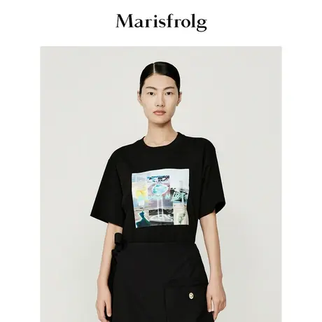 【曹雨西联名款】玛丝菲尔夏季新款黑色圆领宽松t恤打底衫女图片