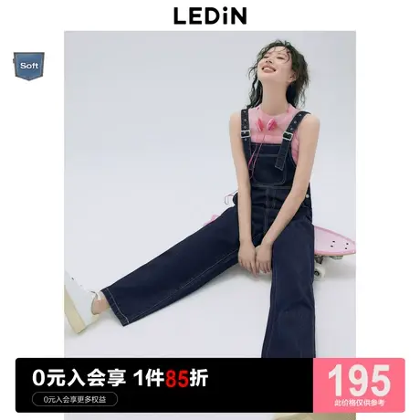 乐町牛仔背带裤2023春季新款深牛仔蓝连体背带裤女休闲阔腿直筒裤商品大图