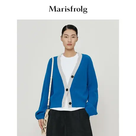 【曹雨西联名款】玛丝菲尔针织开衫春装新款蓝色纯羊毛毛衣外套图片