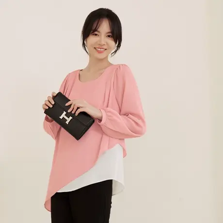 桔熊春秋季假两件套上衣女装宽松不对称雪纺衫胖妹妹大码AB16198图片