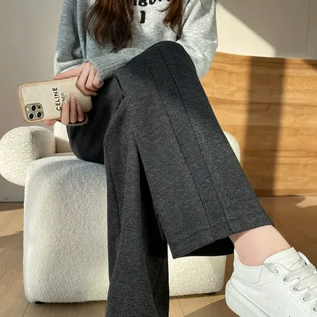 羊绒毛呢窄版阔腿西装裤女冬季新款高腰显瘦直筒宽松休闲拖地长裤商品大图
