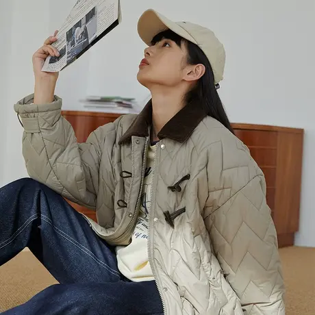 omont蛋挞家 复古灯芯绒领撞色短款棉服外套女冬季小个子加厚棉衣商品大图