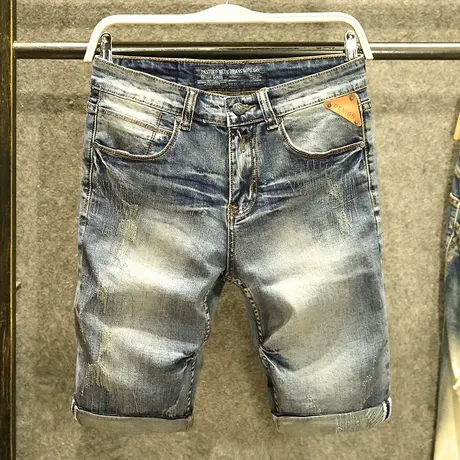 夏季破洞牛仔短裤男修身潮牌斜插袋五分裤子韩版ins个性5分男裤薄商品大图