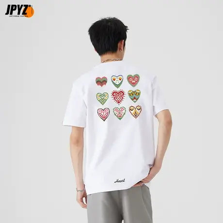重磅轻奢爱心刺绣体恤圆领纯棉夏季打底男女短袖T恤宽松国潮上衣商品大图