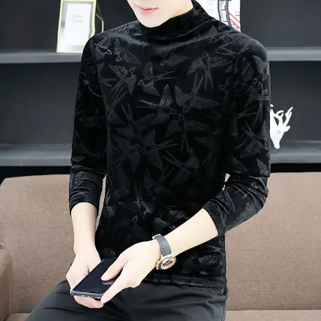 冬季金丝绒长袖t恤潮牌男士潮半高领上衣韩版修身帅气打底体恤衫商品大图