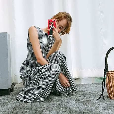 2018春夏新款圆领无袖背心连体裤格子背带阔腿裤裙裤七分休闲裤女图片