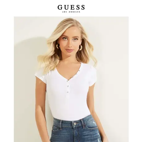 【38上新季】GUESS女法式修身甜辣百搭V领镶钻短袖正肩T恤上衣图片