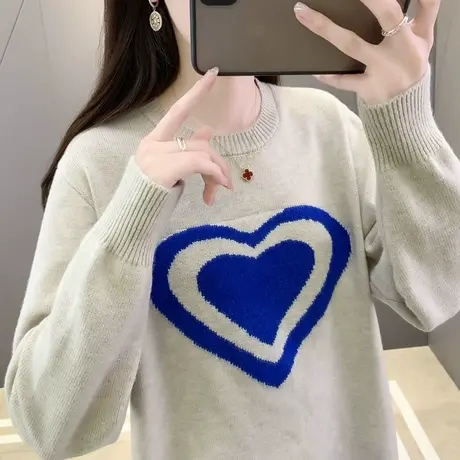提花爱心圆领套头针织打底衫设计感显瘦减龄秋季新款休闲毛衣女装图片