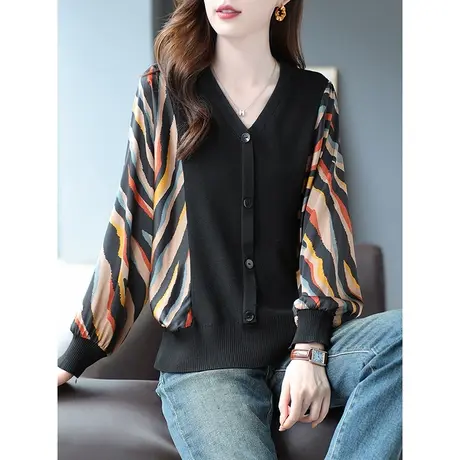 宝诗黎V领条纹拼接套头针织衫女春季长袖设计感时尚上衣2024新款商品大图