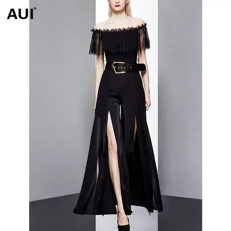 AUI欧洲站黑色高腰垂感裤子女夏2023新款雪纺开叉拖地休闲阔腿裤商品大图