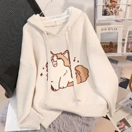 秋冬连帽毛衣女2024新款爆款洋气慵懒宽松外穿卡通针织帽子衫上衣商品大图