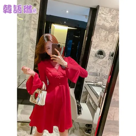 韩语琳V领连衣裙女秋季韩版裙子网纱长袖短裙修身收腰A字裙图片