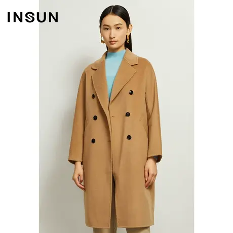 INSUN恩裳线上专选冬季驼色双排扣中长款山羊绒大衣图片