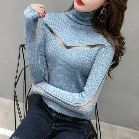 高领毛衣女长袖春秋网纱拼接针织衫女镂空性感上衣紧身内搭打底衫图片