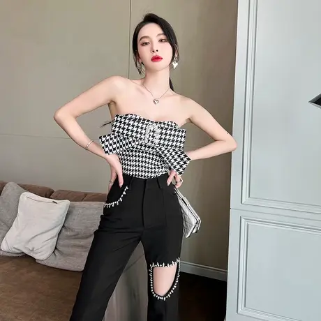 纯欲千鸟格抹胸无袖短款上衣女装夏季2023外穿无肩带露肩美背背心商品大图