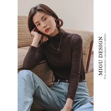 弥古黑色半高领打底衫薄款长袖女t恤春秋大衣内搭针织上衣肌底衣图片