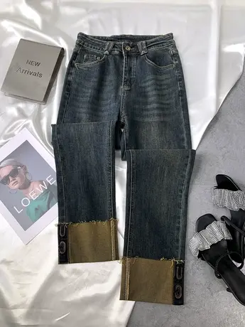 韩版复古卷边牛仔直筒裤2023秋季新款显瘦高腰弹力修身窄版烟管裤图片