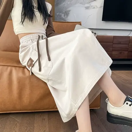 美式复古工装裙女2023秋季新款高腰a字显瘦中长款休闲白色半身裙图片