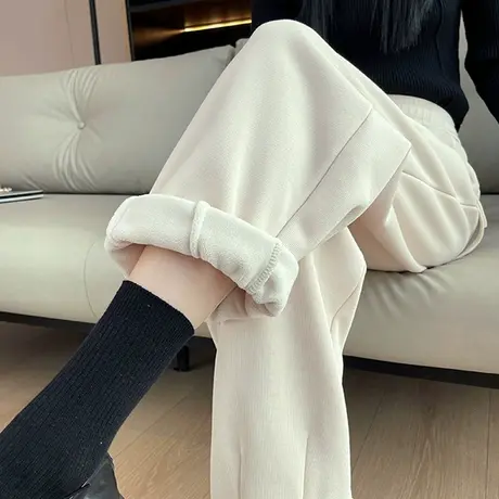 米白色运动裤女秋冬款加绒加厚高腰宽松直筒香蕉裤休闲显瘦阔腿裤图片