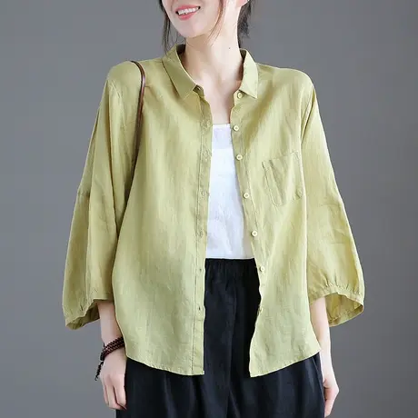 dza 文艺复古棉麻上衣女士长袖白色衬衫高端新款夏季薄款苎麻衬衣图片