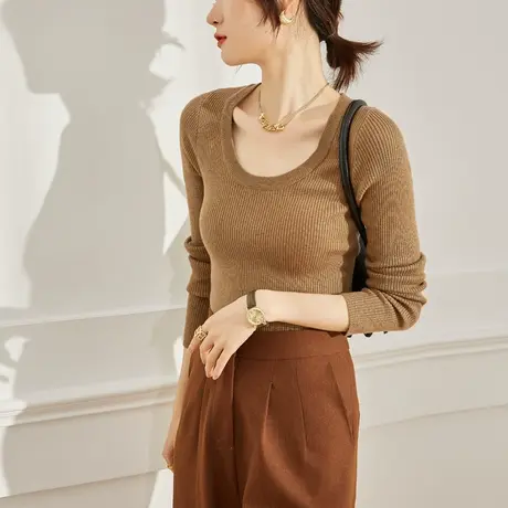 竖纹坑条针织衫女秋冬2023新款圆领长袖上衣显瘦内搭螺纹打底衫图片