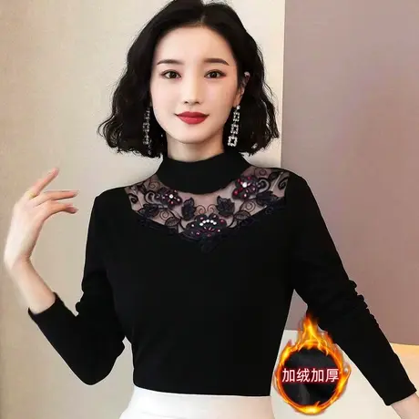 加绒加厚半高领高级网纱打底衫女内搭秋冬新款薄款韩系蕾丝上衣潮商品大图