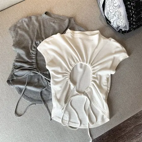 华夫格无袖T恤女夏2025新款修身百搭纯欲露背轻熟风短款上衣潮ins商品大图