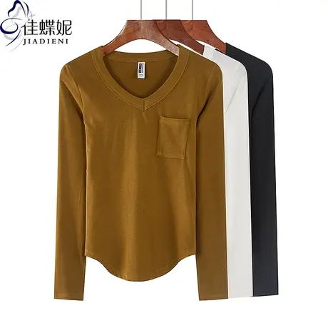 秋冬新款V领修身纯欲圆弧下摆带口袋纯棉纯色长袖体恤上衣女打底商品大图